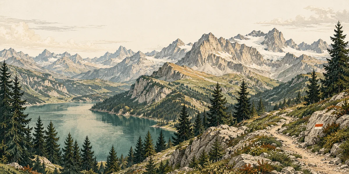 Etched alpine landscape illustration with a lake, pine trees and mountain ridges.
