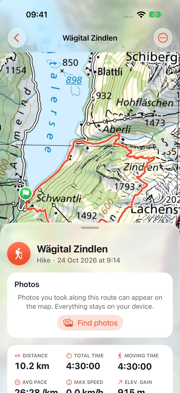 Actual XPLO activity details with a sample Wägital route, distance, elevation and time.