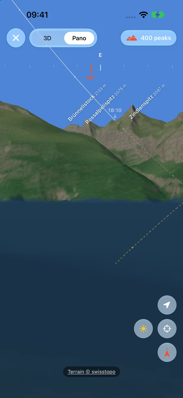 Actual XPLO panorama showing mountain labels including Zindlenspitz above the Wägital area.